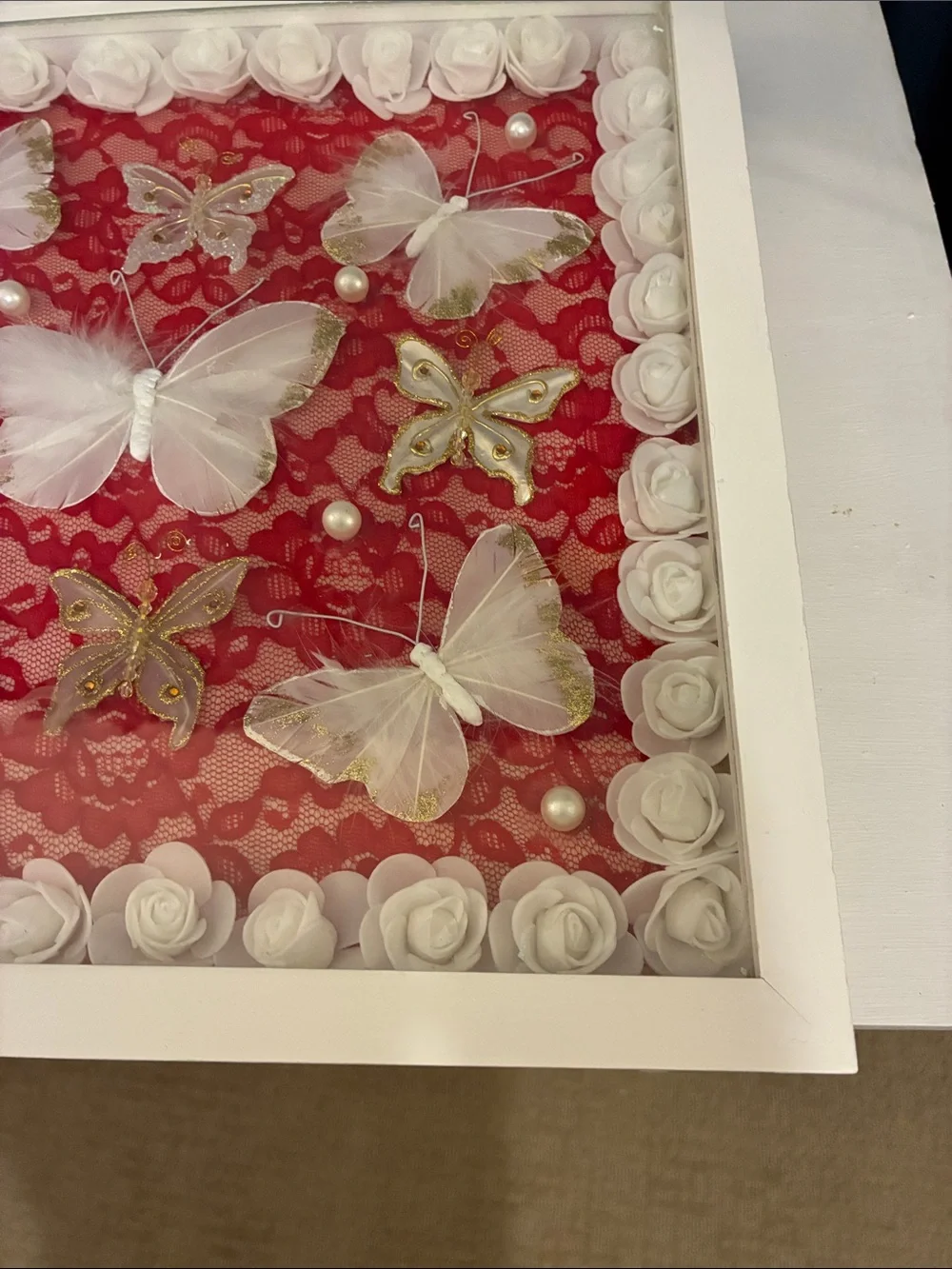 Hand Crafted White Butterfly Shadow Box Frame with Red Lace Backing
